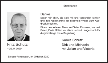 Traueranzeige von Fritz Schutz von Siegener Zeitung