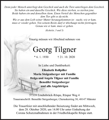 Traueranzeige von Georg Tilgner von Siegener Zeitung