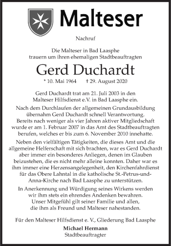 Traueranzeige von Gerd Duchardt von Siegener Zeitung