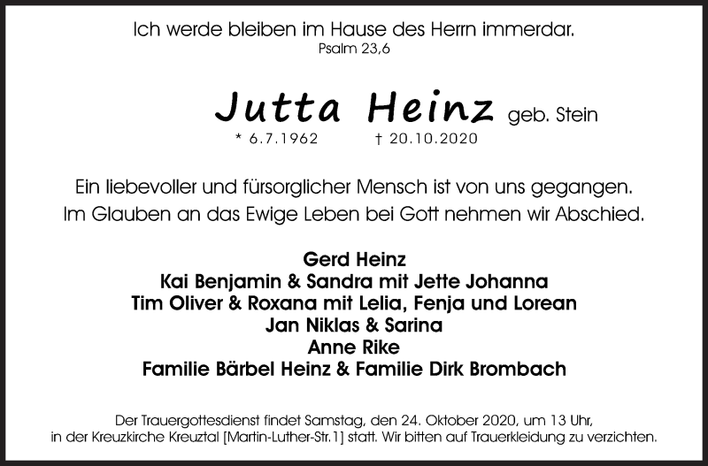  Traueranzeige für Jutta Heinz vom 22.10.2020 aus Siegener Zeitung