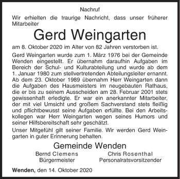 Traueranzeige von Gerd Weingarten von Siegener Zeitung