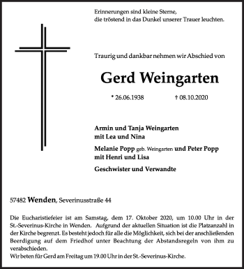 Traueranzeige von Gerd Weingarten von Siegener Zeitung