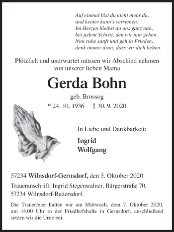 Traueranzeige von Gerda Bohn von Siegener Zeitung