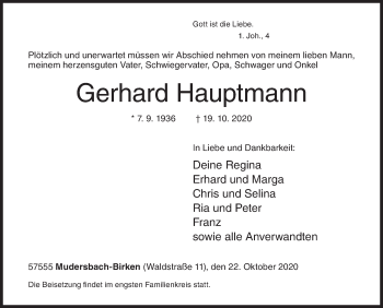 Traueranzeige von Gerhard Hauptmann von Siegener Zeitung