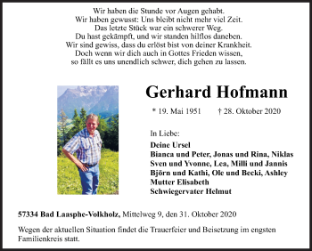 Traueranzeige von Gerhard Hofmann von Siegener Zeitung