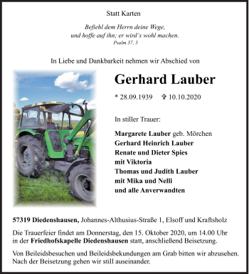 Traueranzeige von Gerhard Lauber von Siegener Zeitung