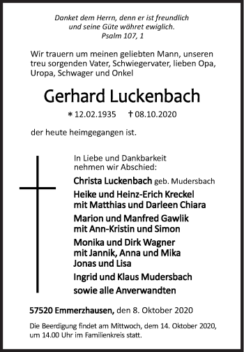 Traueranzeige von Gerhard Luckenbach von Siegener Zeitung