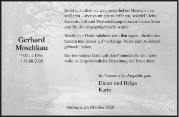 Traueranzeige von Gerhard Moschkau von Siegener Zeitung