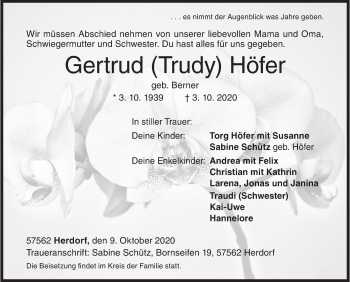 Traueranzeige von Gertrud Höfer von Siegener Zeitung