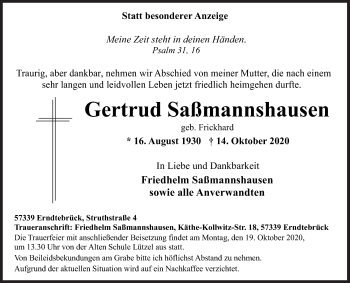 Traueranzeige von Gertrud Saßmannshausen von Siegener Zeitung