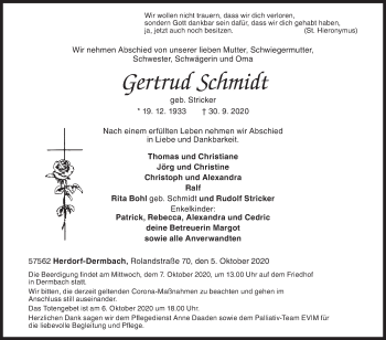 Traueranzeige von Gertrud Schmidt von Siegener Zeitung