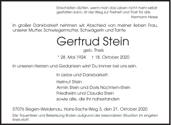 Traueranzeige von Gertrud Stein von Siegener Zeitung