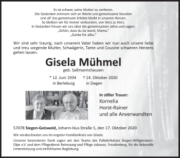 Traueranzeige von Gisela Mühmel von Siegener Zeitung
