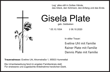 Traueranzeige von Gisela Plate von Siegener Zeitung