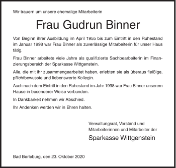 Traueranzeige von Gudrun Binner von Siegener Zeitung