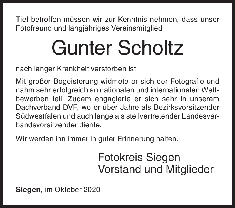  Traueranzeige für Gunter Scholtz vom 10.10.2020 aus Siegener Zeitung