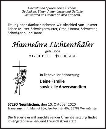 Traueranzeige von Hannelore Lichtenthäler von Siegener Zeitung