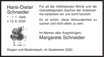 Traueranzeige von Hans-Dieter Schneider von Siegener Zeitung