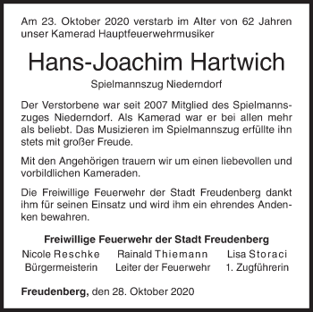 Traueranzeige von Hans-Joachim Hartwich von Siegener Zeitung