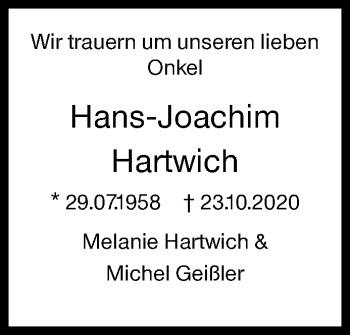 Traueranzeige von Hans-Joachim Hartwich von Siegener Zeitung