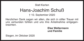 Traueranzeige von Hans-Joachim Schuß von Siegener Zeitung