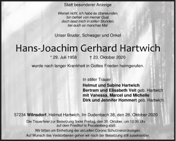 Traueranzeige von Hans-Joachim Gerhard Hartwich von Siegener Zeitung