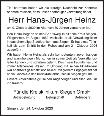 Traueranzeige von Hans-Jürgen Heinz von Siegener Zeitung