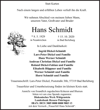 Traueranzeige von Hans Schmidt von Siegener Zeitung