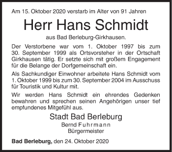 Traueranzeige von Hans Schmidt von Siegener Zeitung