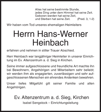 Traueranzeige von Hans-Werner Heinbach von Siegener Zeitung