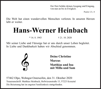 Traueranzeige von Hans-Werner Heinbach von Siegener Zeitung
