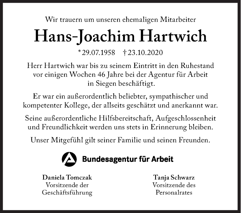  Traueranzeige für Hans Joachim Hartwich vom 30.10.2020 aus Siegener Zeitung