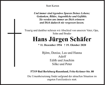 Traueranzeige von Hans Jürgen Schäfer von Siegener Zeitung