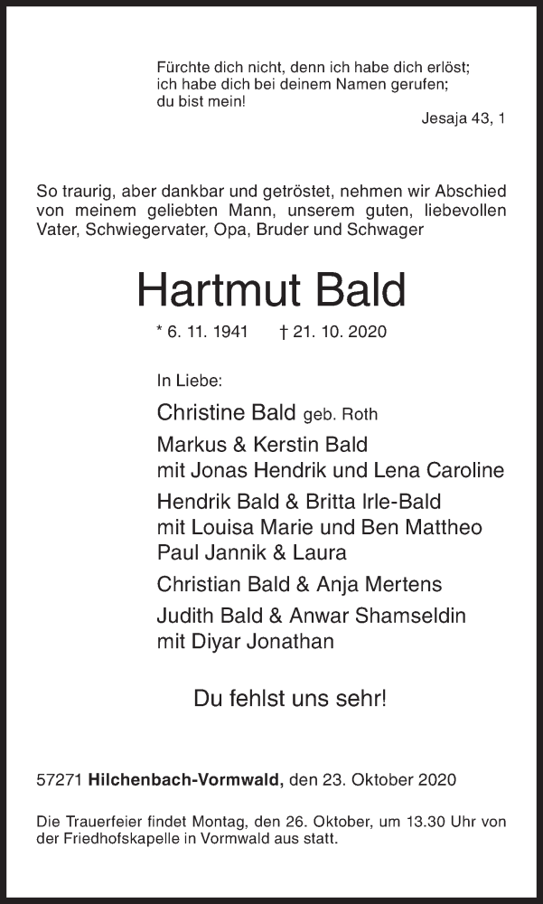  Traueranzeige für Hartmut Bald vom 23.10.2020 aus Siegener Zeitung
