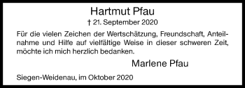 Traueranzeige von Hartmut Pfau von Siegener Zeitung