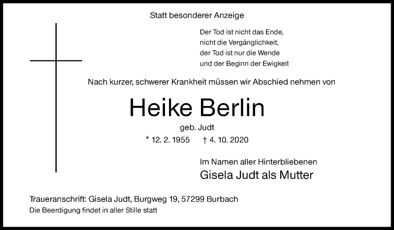  Traueranzeige für Heike Berlin vom 07.10.2020 aus Siegener Zeitung