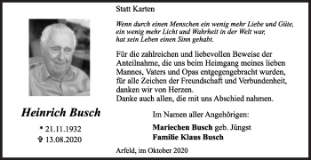 Traueranzeige von Heinrich Busch von Siegener Zeitung