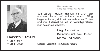Traueranzeige von Heinrich Gerhard von Siegener Zeitung