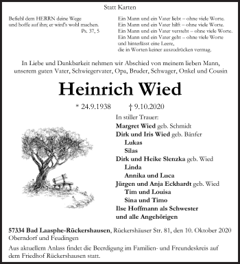 Traueranzeige von Heinrich Wied von Siegener Zeitung