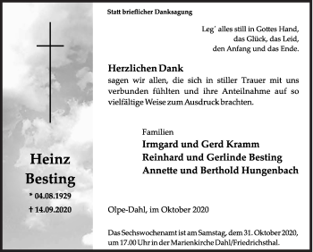 Traueranzeige von Heinz Besting von Siegener Zeitung