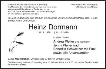 Traueranzeige von Heinz Dormann von Siegener Zeitung