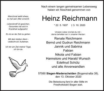 Traueranzeige von Heinz Reichmann von Siegener Zeitung