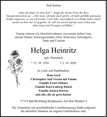 Traueranzeige von Helga Heinritz von Siegener Zeitung