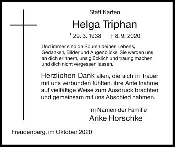 Traueranzeige von Helga Triphan von Siegener Zeitung