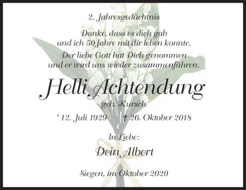 Traueranzeige von Helli Achtendung von Siegener Zeitung