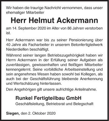 Traueranzeige von Helmut Ackermann von Siegener Zeitung