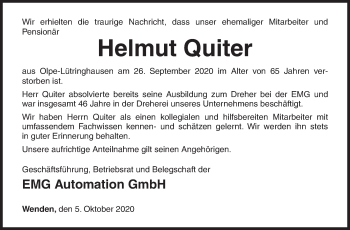 Traueranzeige von Helmut Quiter von Siegener Zeitung