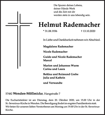 Traueranzeige von Helmut Rademacher von Siegener Zeitung