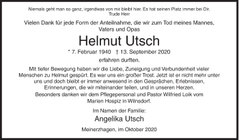 Traueranzeige von Helmut Utsch von Siegener Zeitung