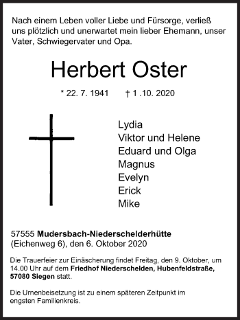 Traueranzeige von Herbert Oster von Siegener Zeitung
